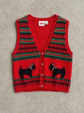 Alia Scottie Dog Christmas Sweater Vest Red Knit Button Front Size Large Vintage